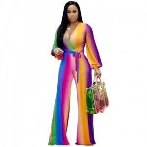 Gradient Color V Neck Wide Leg Vibrant Thing